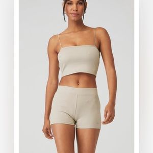 Alo Goddess Ribbed Bandeau Top in Oatmeal Heather